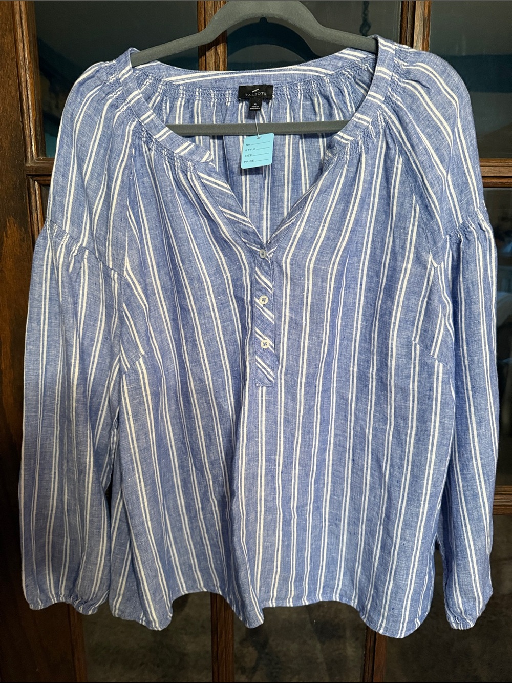 Talbots Blue White Striped 100% Linen Smocked Peasant Top XL Natural Fiber Airy